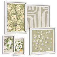 BILDER SET 5er Set - 50x50 cm & 20x30 cm & 40x60 cm Weißer Rahmen - Boho-Pflanzenkompositionen in Pastellfarben - Weiß, Kunststoff (40/60cm) - TULUP