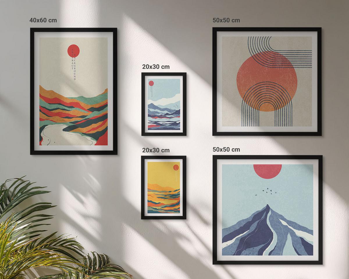 BILDER SET 5er Set - 50x50 cm & 20x30 cm & 40x60 cm Schwarzer Rahmen - Pastellfarbene Berge im Japandi-Stil - Schwarz, Kunststoff (40/60cm) - TULUP