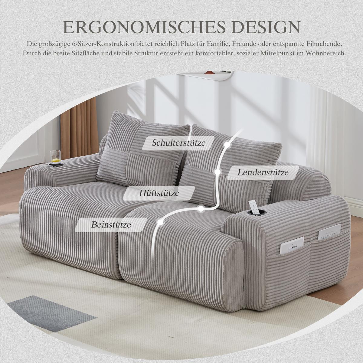 2-SITZER SOFA Modulares Mit Getränkehalter & Stauraum - Hellgrau, Textil (200/80/99cm) - Urban Meuble