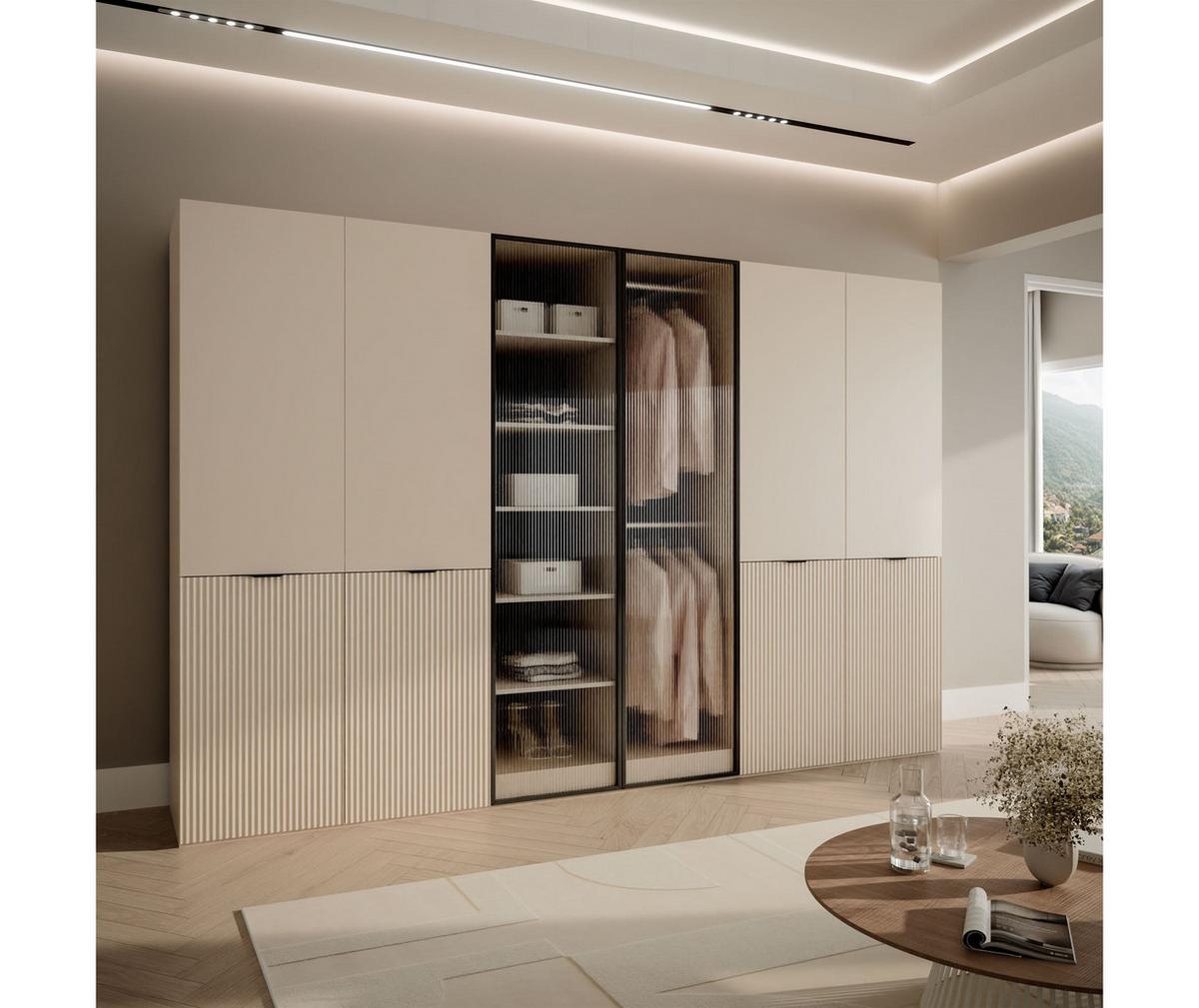 KLEIDERSCHRANK SANDBOX KASHMIR 300 303/49/200 cm Kaschmir / Kaschmir + geriffeltes Glas ohne LED 12 Zusatzböden - Kaschmir/Transparent, Holzwerkstoff/Kunststoff (303/200/49cm) - Lookway