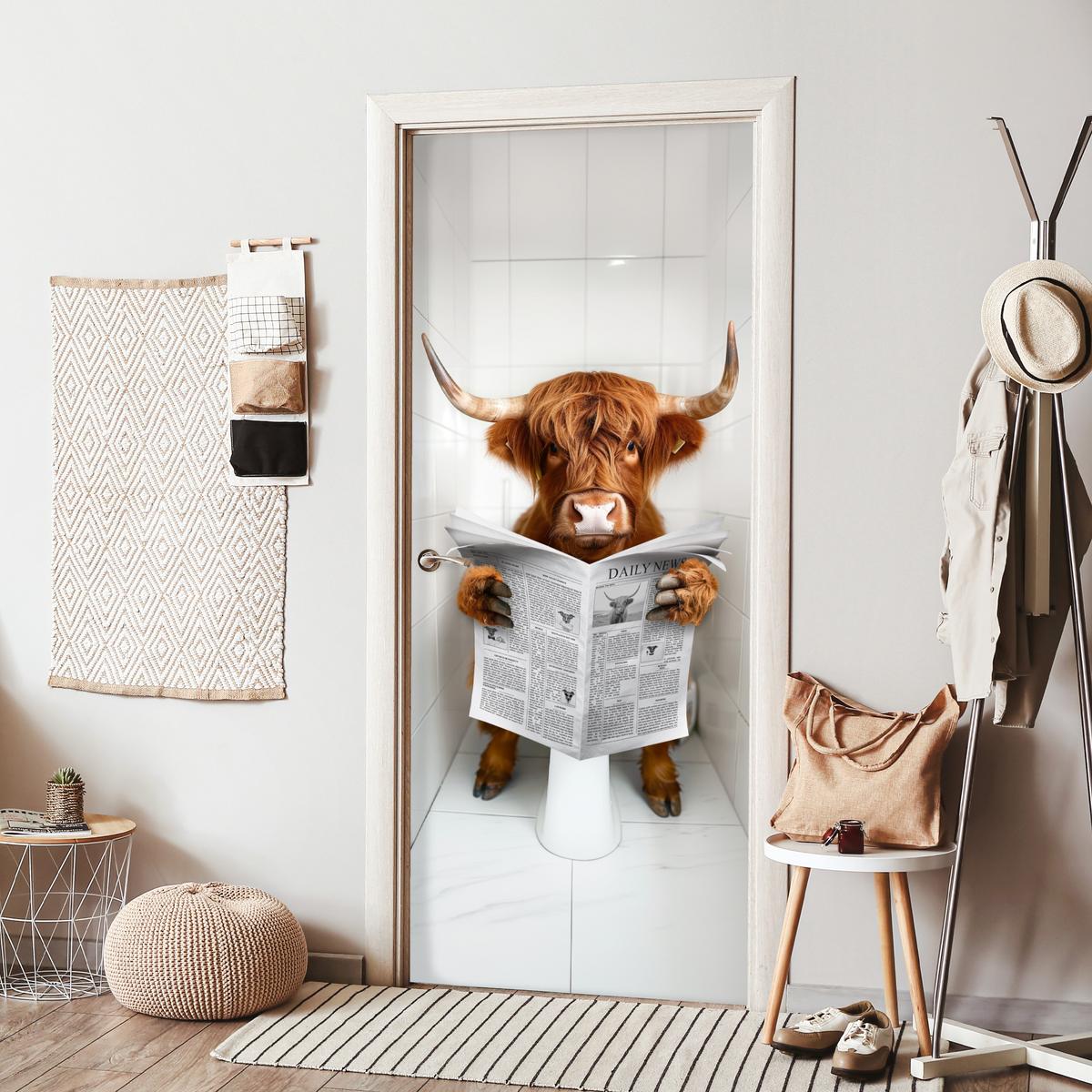 TÜRAUFKLEBER Scottish Highlander - Zeitung - WC - Tier Deko Schlafzimmer 95x215 cm - Türtapete - Weiß, Kunststoff (95/0.1/215cm) - MuchoWow