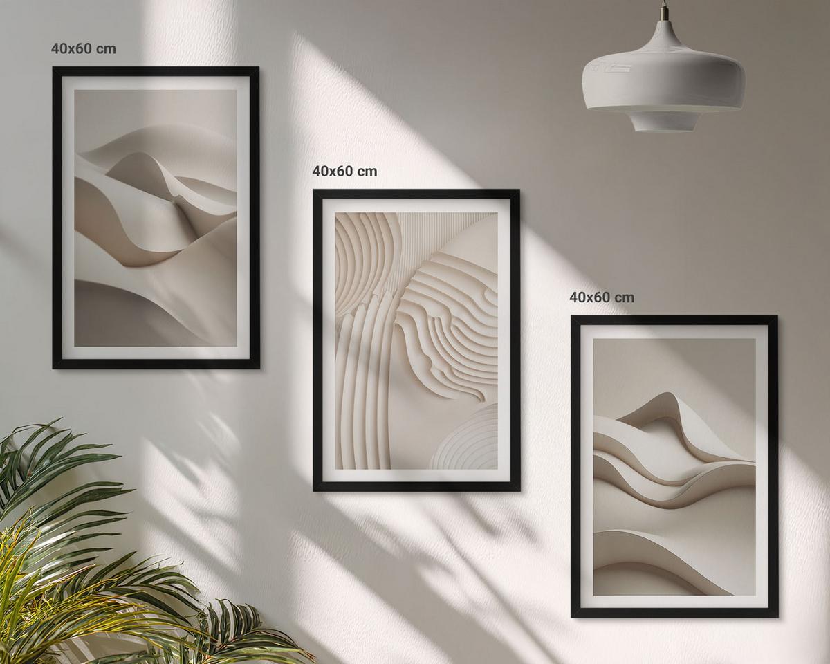 BILDER SET 3er Set - 40x60 cm Schwarzer Rahmen - Abstrakte beige Wellen - Schwarz, Kunststoff (40/60cm) - TULUP
