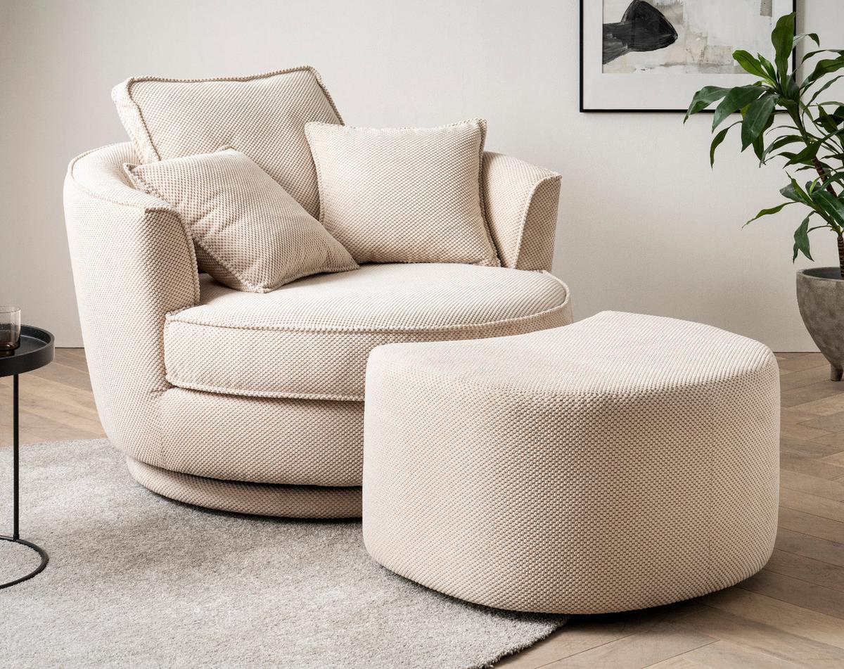 DREHSESSEL wollweiß Web-Velours, XL Sessel 360° drehbar inklusive 3 x Kissen - Creme/Weiß, Kunststoff/Textil (120/86/120cm)