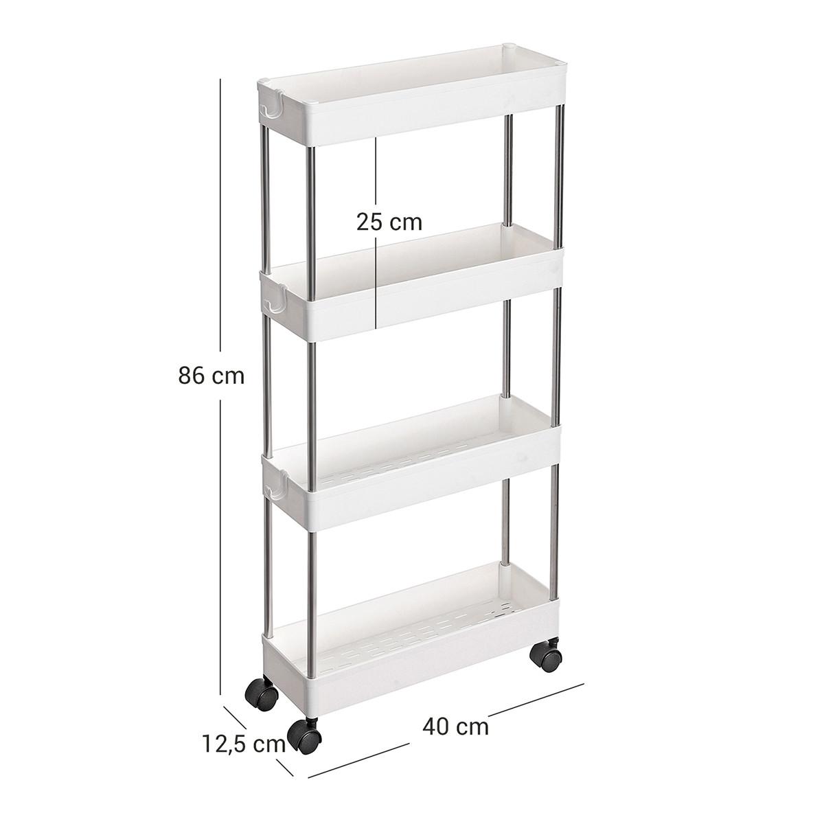 SERVIERWAGEN auf Rollen mit 4 Ebenen - L12,5 x H86 cm - Weiß, Kunststoff (12.5/86/15cm) - Calicosy