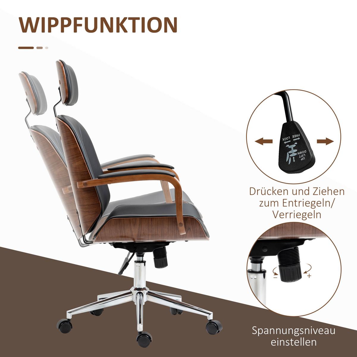 BÜROSTUHL Kunstleder Schwarz - Walnussfarben/Schwarz, Leder/Holz (65/125/66cm) - Vinsetto