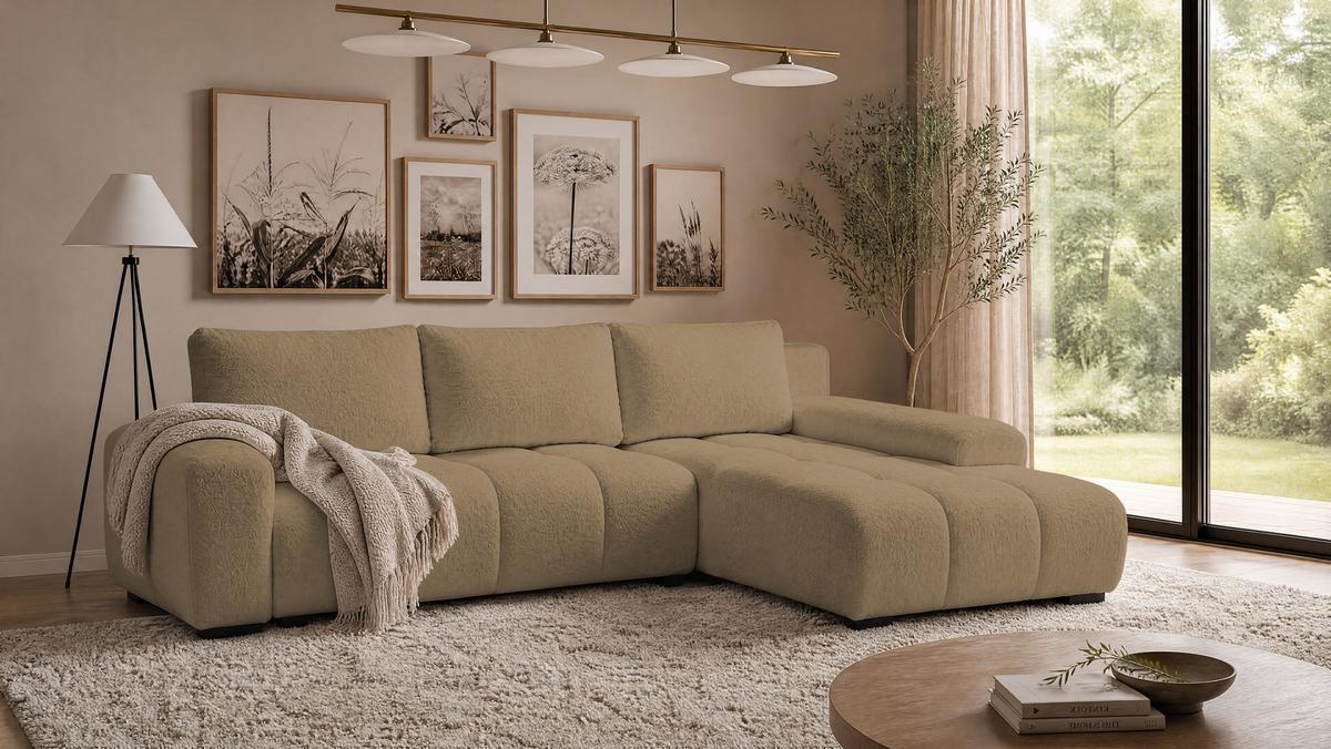 ECKSOFA Ovia mit Bettkasten und Schlaffunktion, Bouclé-Stoff in L-Form - Cappuccino, Textil (270/185cm)