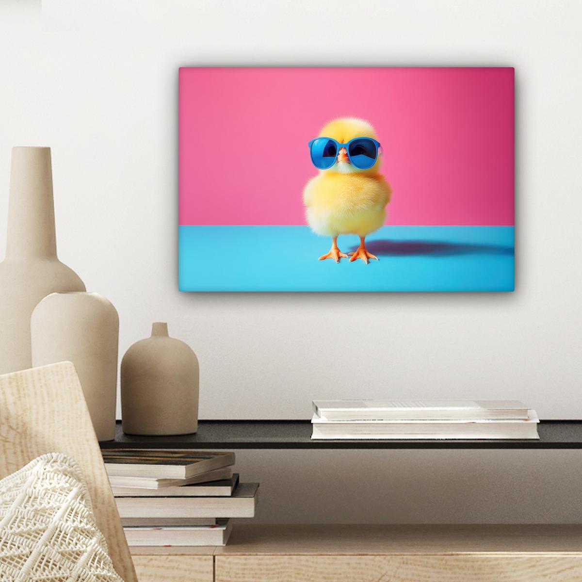 LEINWANDBILD Chick - Sonnenbrille - Blau Deko Schlafzimmer 30x20 cm - Pink/Gelb, Textil (30/20cm) - MuchoWow