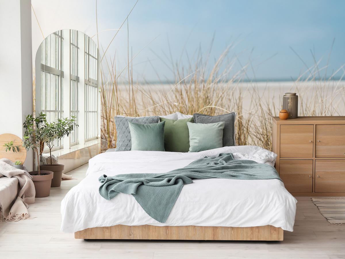 FOTOTAPETE für Schlafzimmer Dünen Sandstrand Gras Meerblick 100x70 - Blau/Gelb, Papier (100/70cm) - Muralo