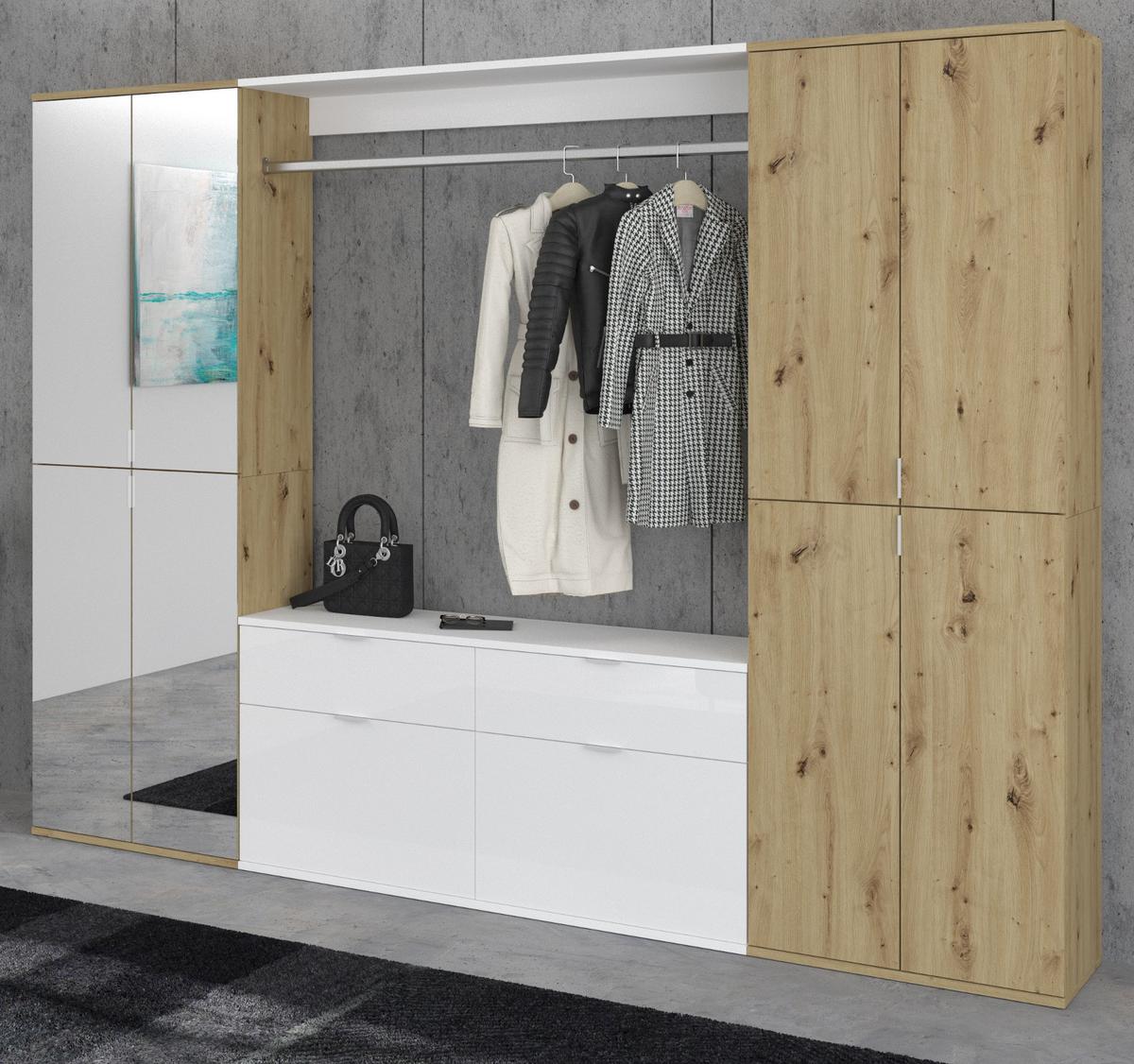 GARDEROBE Eiche Artisan, weiß Hochglanz 243 cm, Set mit viel Stauraum - Chromfarben/Weiß Hochglanz, Glas/Holzwerkstoff (243/193/34cm) - Inn.Furn