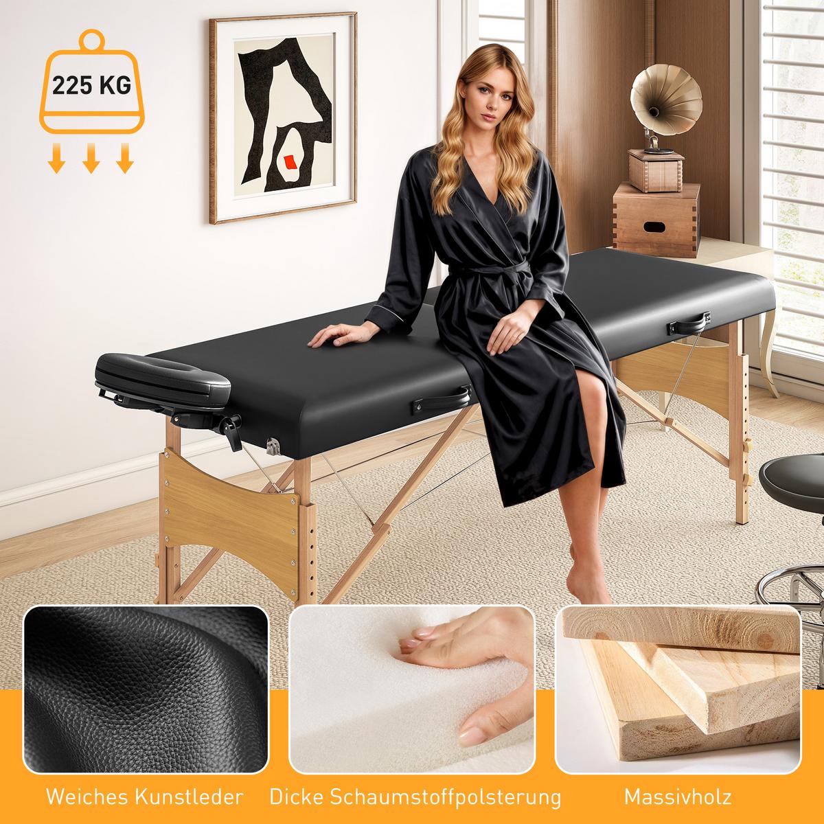 MASSAGELIEGE Kunstleder Holz Schwarz - Schwarz, Kunststoff (70/86/215cm) - HOMCOM