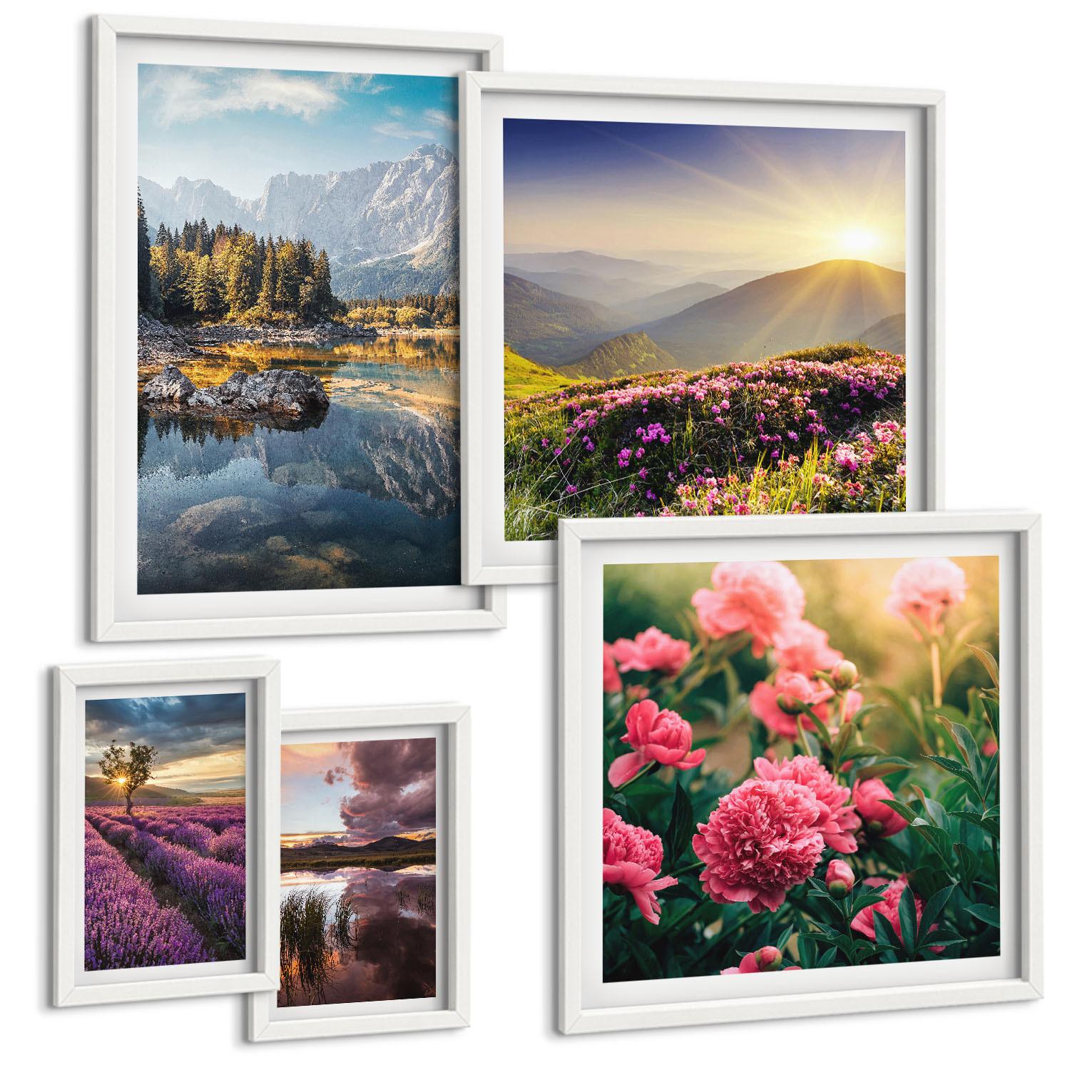 BILDER SET 5er Set - 50x50 cm & 20x30 cm & 40x60 cm Weißer Rahmen - Blumengarten, Bergwiese, Wasser - Weiß, Kunststoff (40/60cm) - TULUP