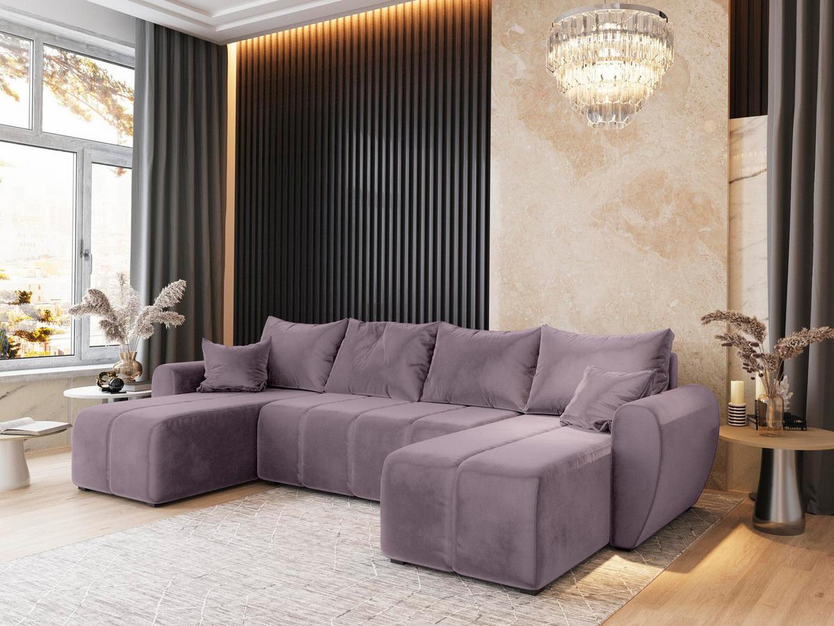 WOHNLANDSCHAFT MADISON U Rosa Plüsch-Stoff mit Schlaffunktion - Schwarz/Rosa, Holz/Kunststoff (311/82/145cm) - MASSENO