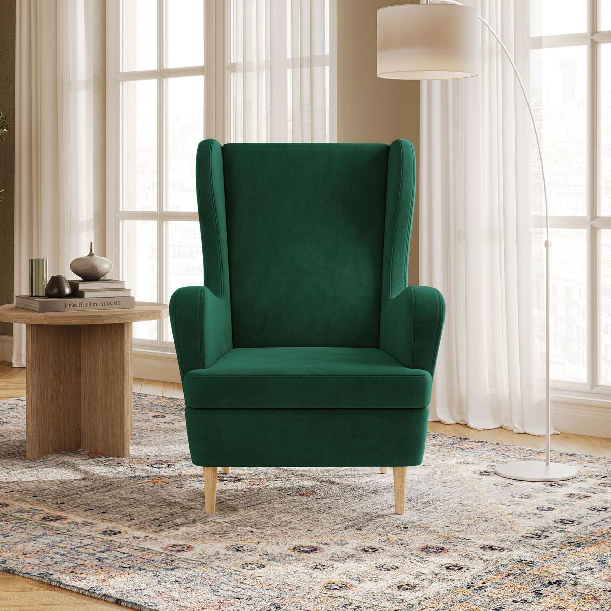 SESSEL VOGERA Ohrensessel Polstersessel, Grün - Eichefarben/Grün, Holzwerkstoff (78/103/85cm) - MASSENO