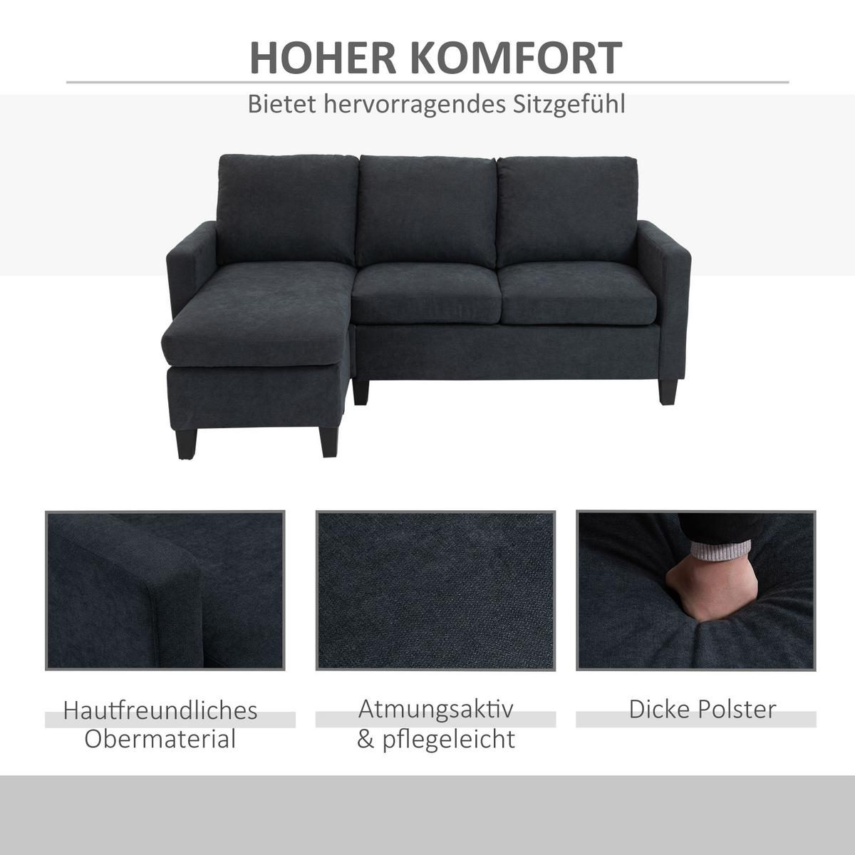 ECKSOFA L-Form Couchgarnitur mit wendbarer Chaiselongue Dunkelgrau - Dunkelgrau/Schwarz, Kunststoff/Textil (139/197cm) - HOMCOM