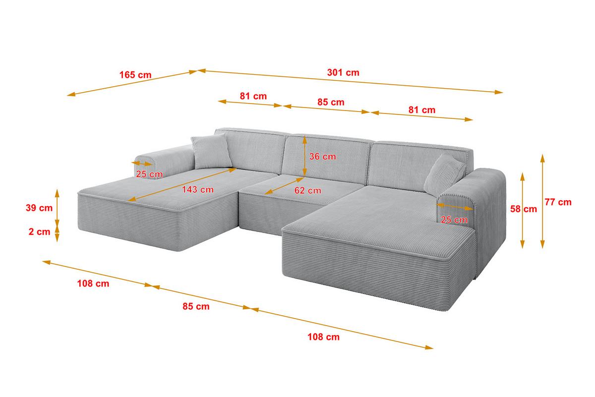 WOHNLANDSCHAFT IREA-U1-v3 - 301x165x77 cm Grau - Grau, Holzwerkstoff/Textil (301/77/165cm) - ALTDECOR