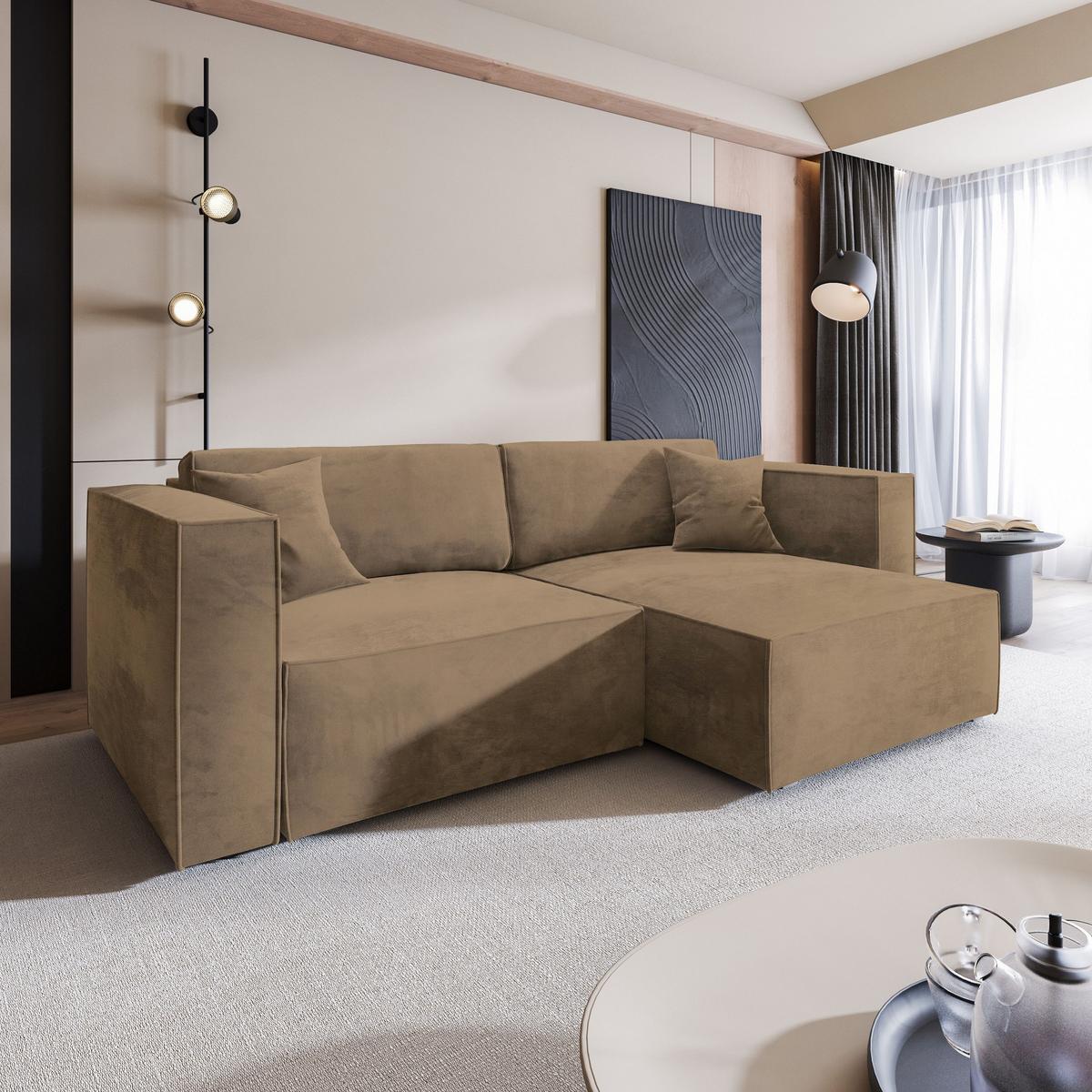 ECKSOFA NERIO M Beige Velours-Stoff mit Schlaffunktion - Beige/Grau, Holz/Kunststoff (245/148cm) - MASSENO