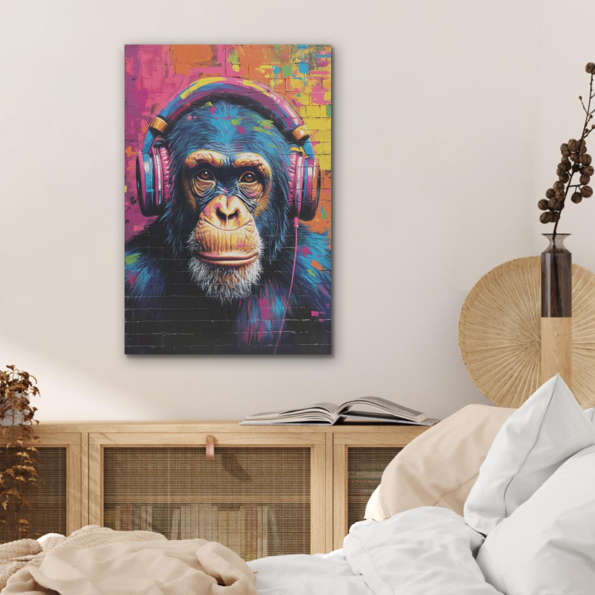 AKUSTIKBILD Graffiti - Schimpanse - Straßenkunst - Kopfhörer - Affe Kunstdruck Schlafzimmer 50x70 cm - Blau, Kunststoff (50/70/0.9cm) - MuchoWow