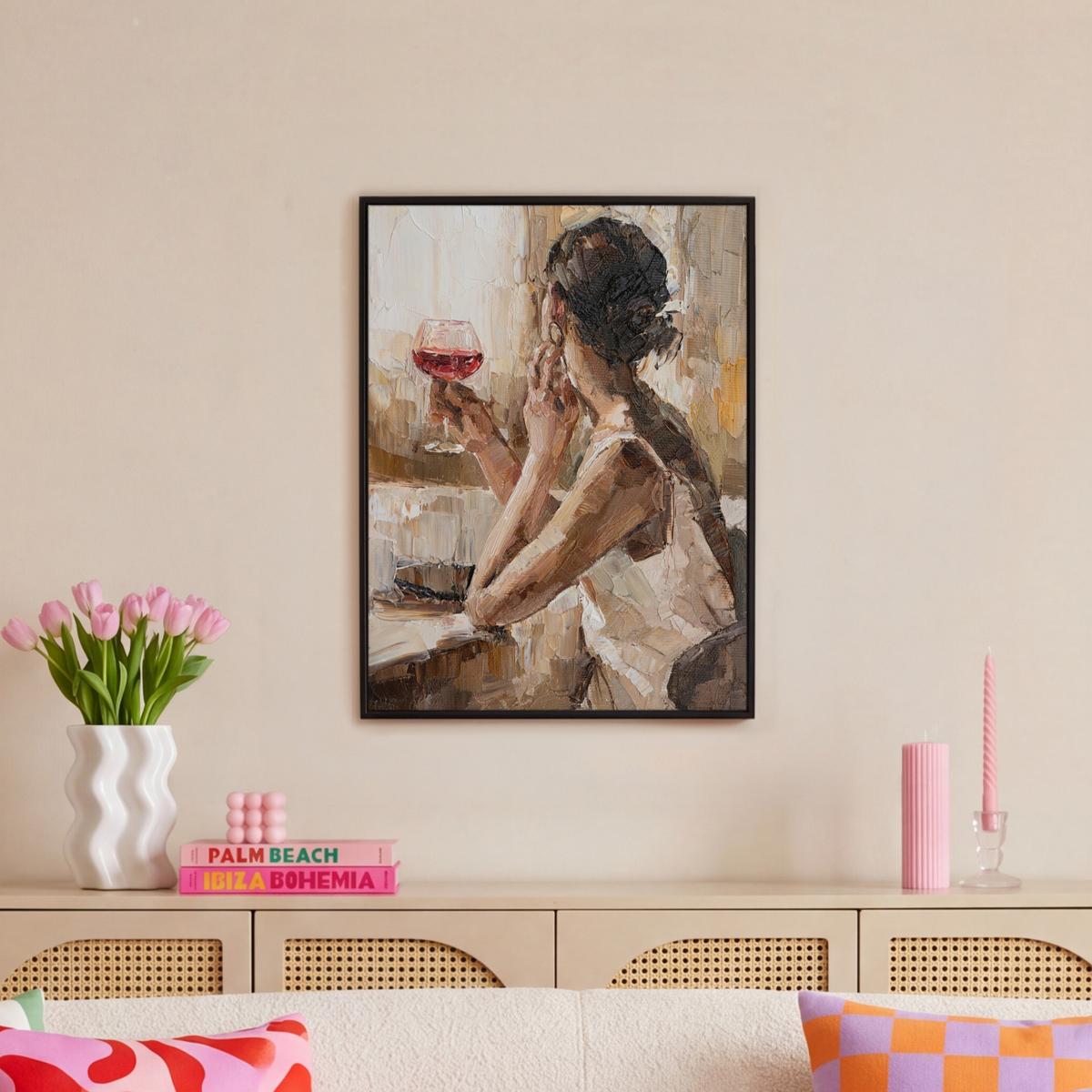 LEINWAND Bilder mit Rahmen - Ölgemälde - Frau - Wein - 60x80 - Hellbraun, Textil (60/80cm) - MuchoWow