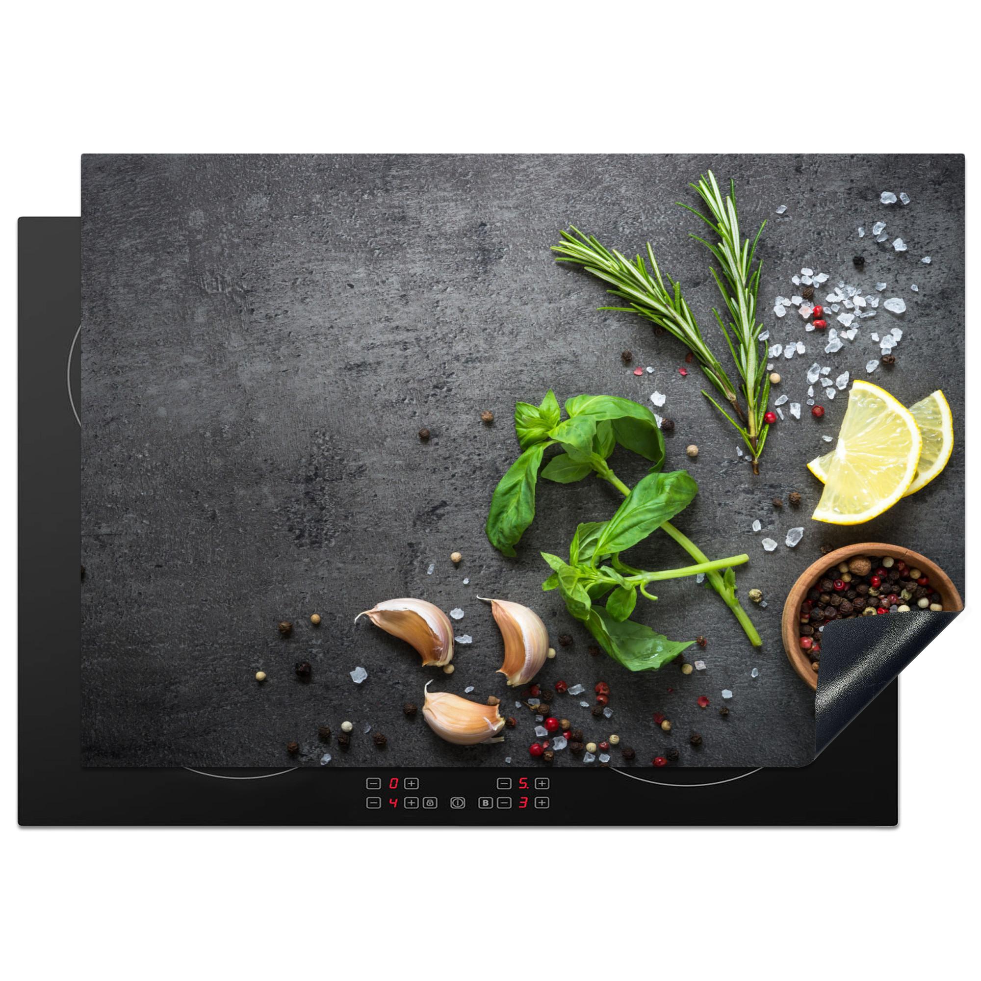 HERDABDECKPLATTE Limette - Kräuter - Gewürze - Grün - Grau - Beton Herdabdeckung Induktionsfeld 75x52 cm - Grün, Kunststoff (75/52/0.2cm) - MuchoWow