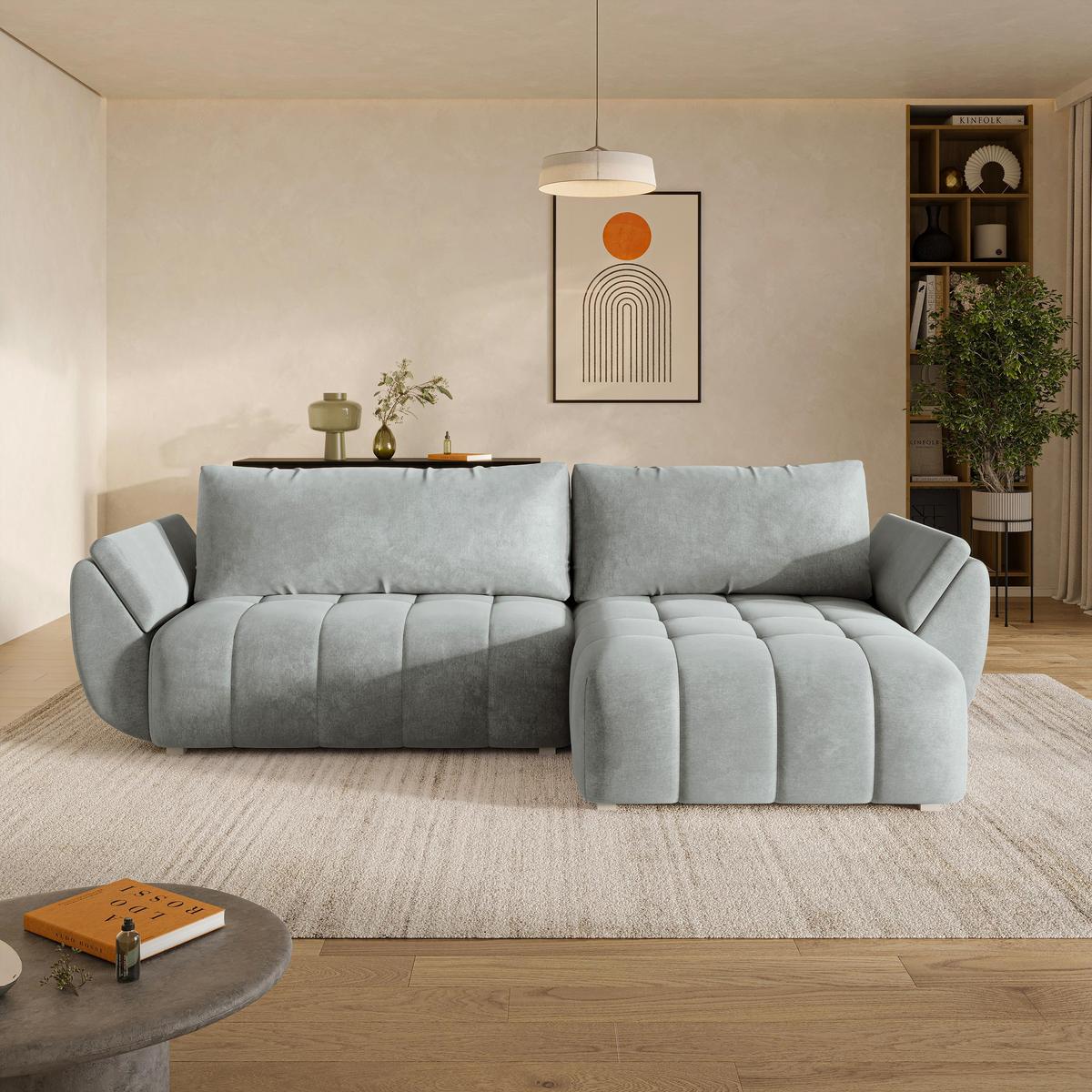 ECKSOFA OLSI Hellgrau Velours-Stoff mit Schlaffunktion - Hellgrau, Holz (285/148cm) - MASSENO