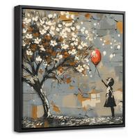 LEINWAND Bilder mit Rahmen - Baum - Graffiti - Banksy-Stil - Ballon-Mädchen - 20x20 - Blaugrau, Textil (20/20cm) - MuchoWow