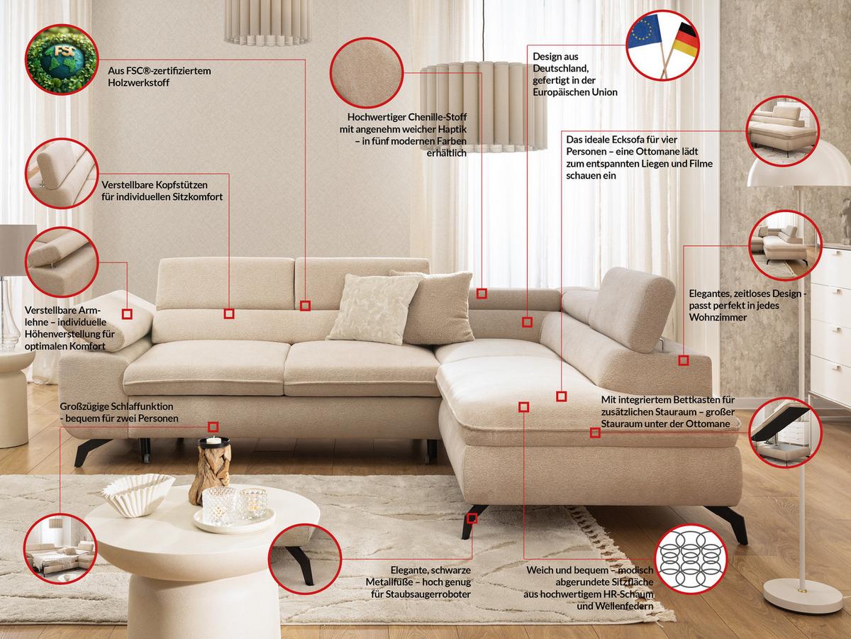 ECKSOFA mit Schlaffunktion und Bettkasten Bonnie aus Taupe Chenille-Stoff mit verstellbaren Kopfstützen und Armlehne - Ottomane rechts - Taupe/Schwarz, Holz/Textil (275/210cm) - S-Style Möbel