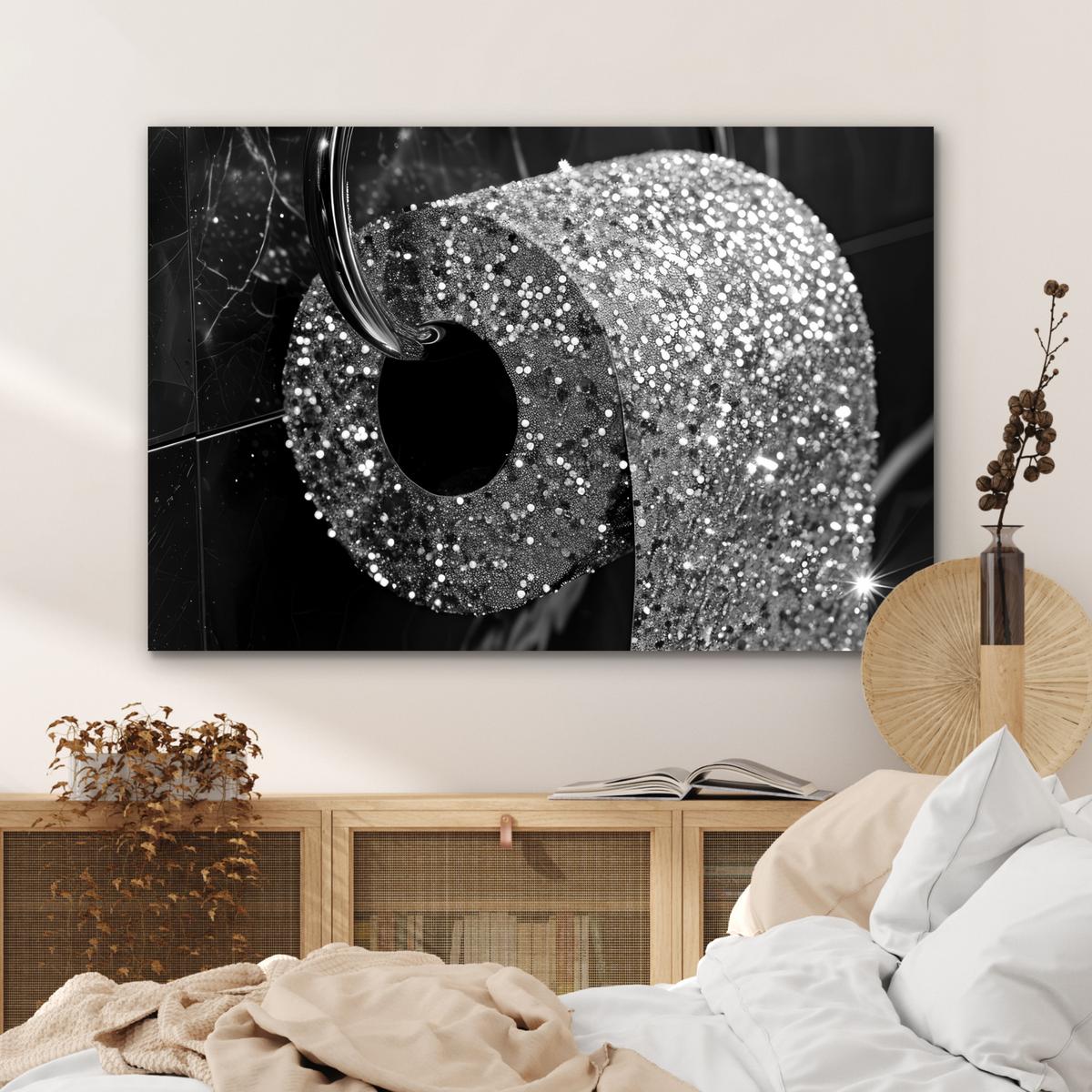 METALLBILD WC - Toilettenpapier - Schwarz und weiß - Glitter Wanddeko 90x60 cm - Silberfarben, Metall (90/60cm) - MuchoWow