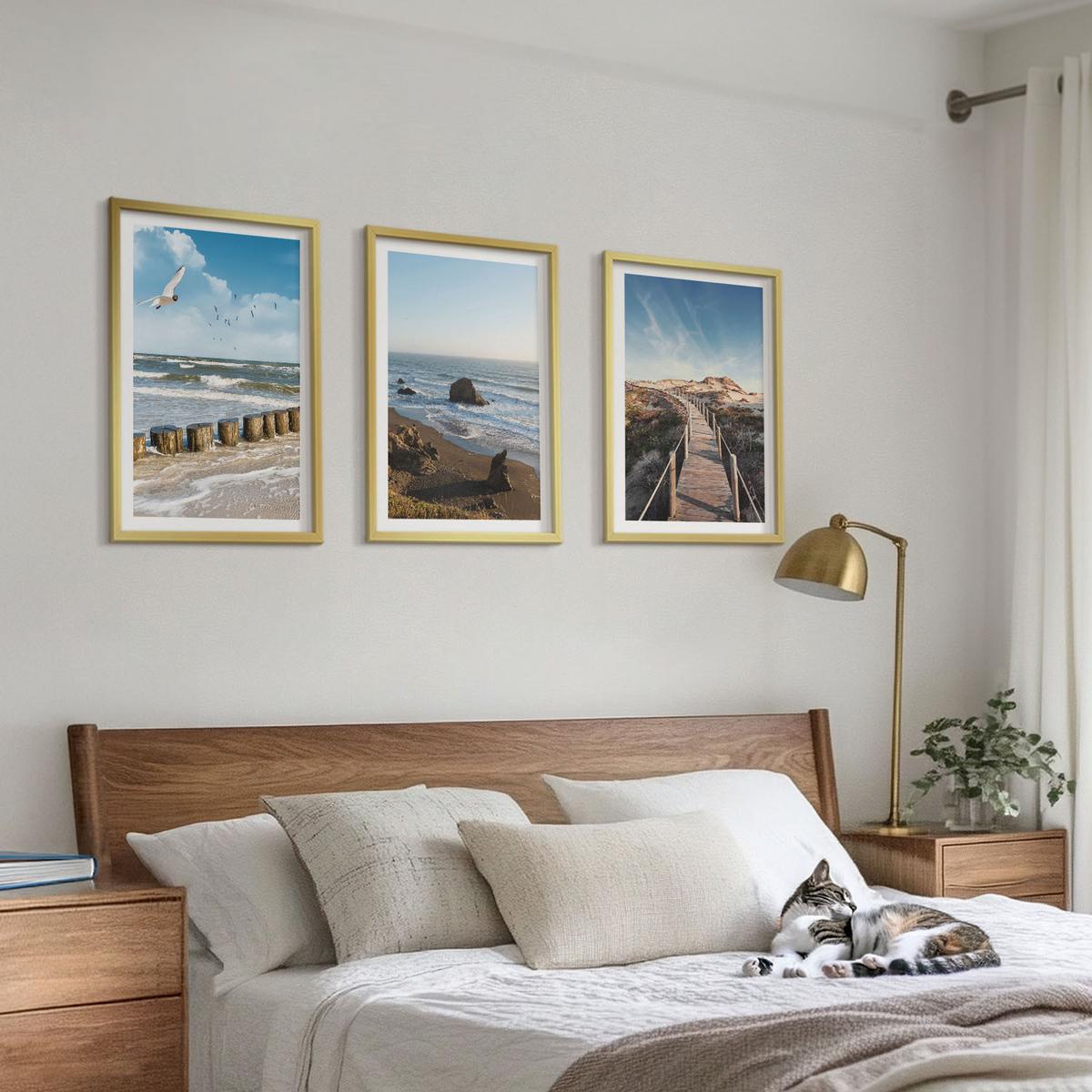 BILDER SET 3er Set - 40x60 cm Goldrahmen - Strandwellen, Himmelsbrücke, Spaziergang - Goldfarben, Kunststoff (40/60cm) - TULUP
