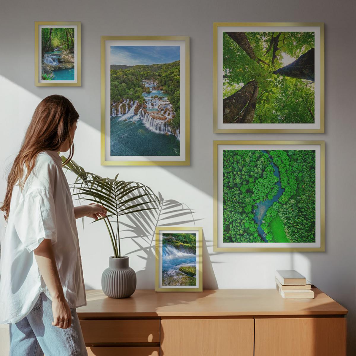 BILDER SET 5er Set - 50x50 cm & 20x30 cm & 40x60 cm Goldrahmen - Strandwellen, Himmelsbrücke, Spaziergang - Goldfarben, Kunststoff (40/60cm) - TULUP