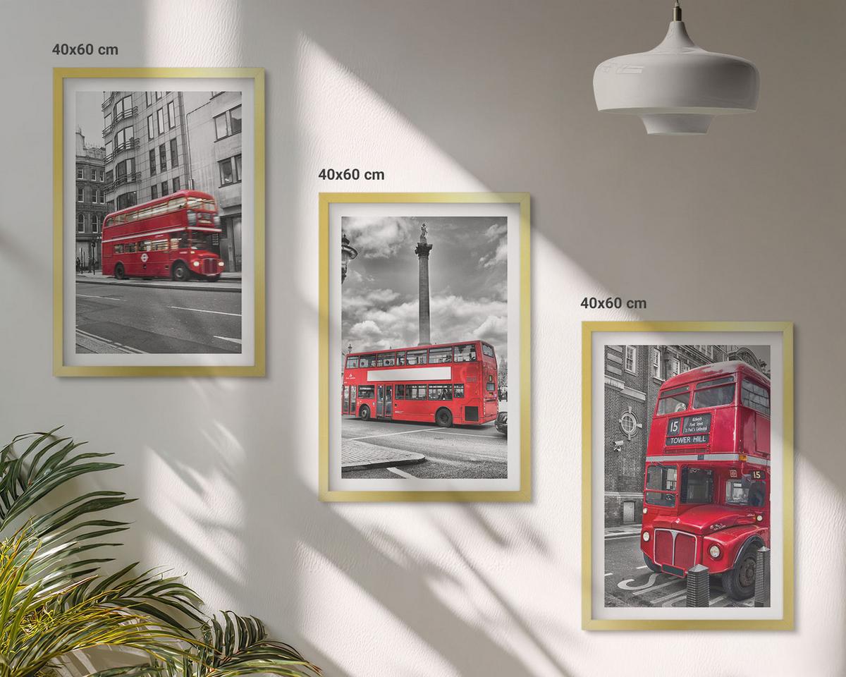 BILDER SET 3er Set - 40x60 cm Goldrahmen - Rote Busse in London - Goldfarben, Kunststoff (40/60cm) - TULUP