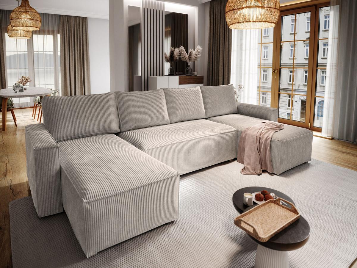 WOHNLANDSCHAFT ASPRA Beige Kordstoff mit Schlaffunktion - Beige/Grau, Holz/Kunststoff (295/85/140cm) - MASSENO