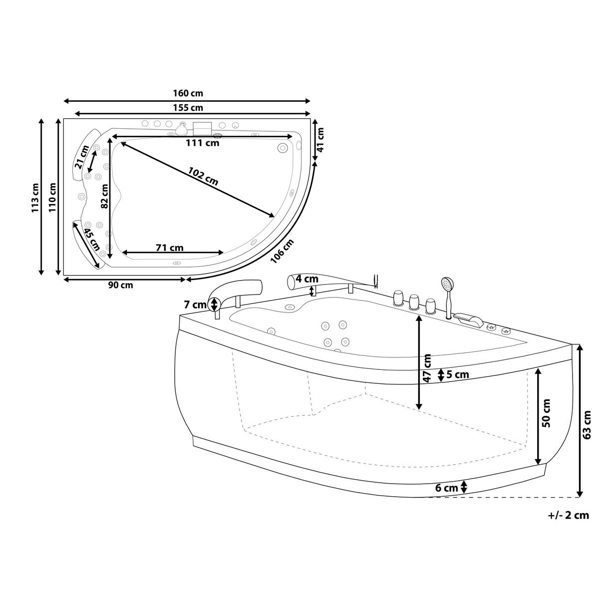 WHIRLPOOL-BADEWANNE mit LED 113x160x63 cm weiß Paradiso - Weiß, Kunststoff (113/63/160cm) - Beliani