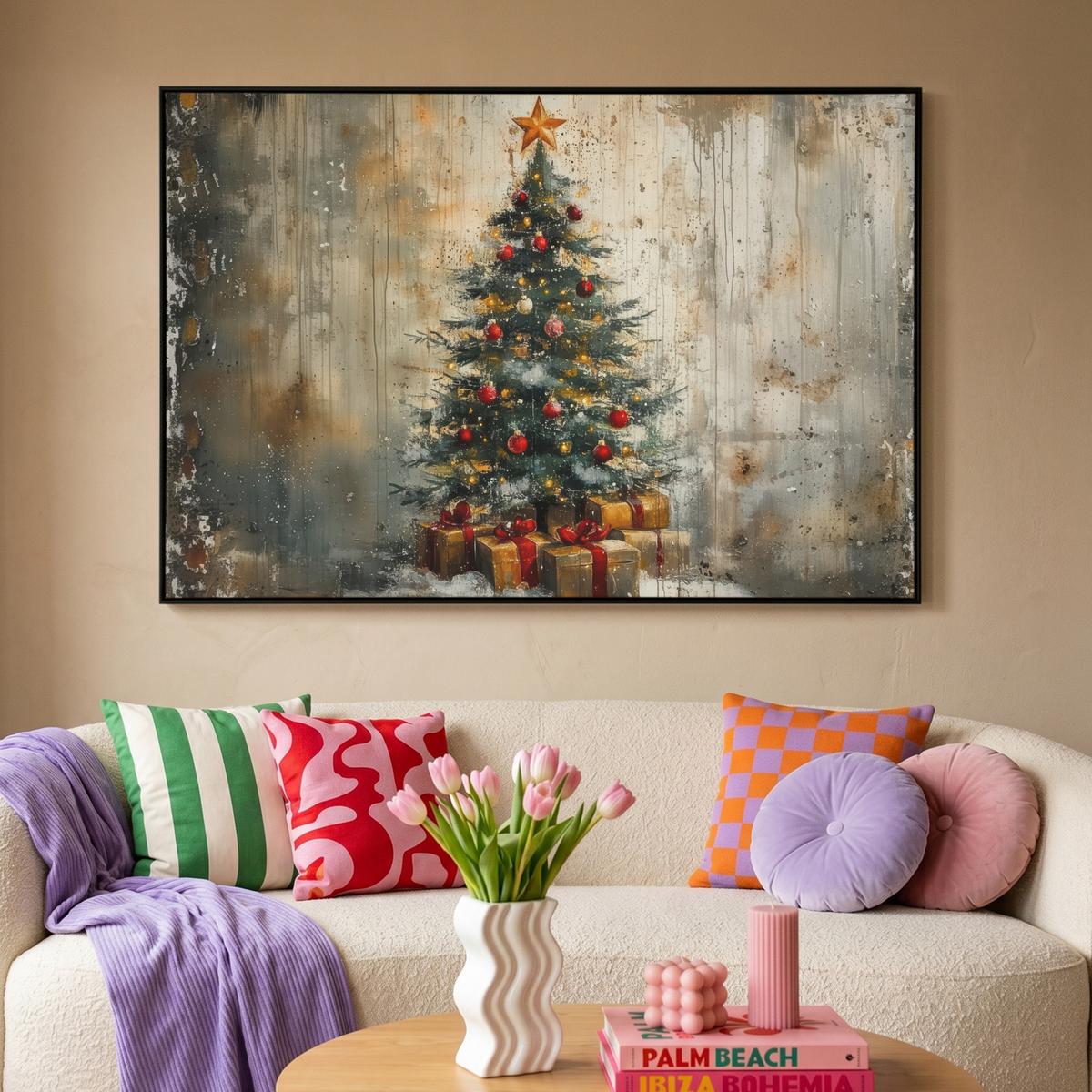 LEINWAND Bilder mit Rahmen - Weihnachtsbaum - Vintage - Weihnachten - Geschenk - 150x100 - Rostfarben, Textil (150/100cm) - MuchoWow