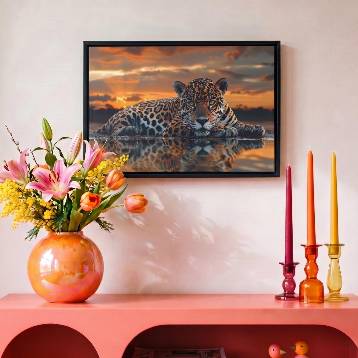 LEINWAND Bilder mit Rahmen - Natur - Leopard - Tier - Sonnenuntergang - Modern - 30x20 - Orange, Textil (30/20cm) - MuchoWow