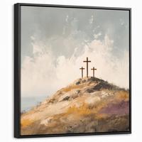 LEINWAND Bilder mit Rahmen - Hügel - Abstrakt - Christentum - Kreuz - 50x50 - Hellgrau, Textil (50/50cm) - MuchoWow