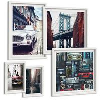 BILDER SET 5er Set - 50x50 cm & 20x30 cm & 40x60 cm Weißer Rahmen - Old Cars Brooklyn Retro-Audio - Weiß, Kunststoff (40/60cm) - TULUP