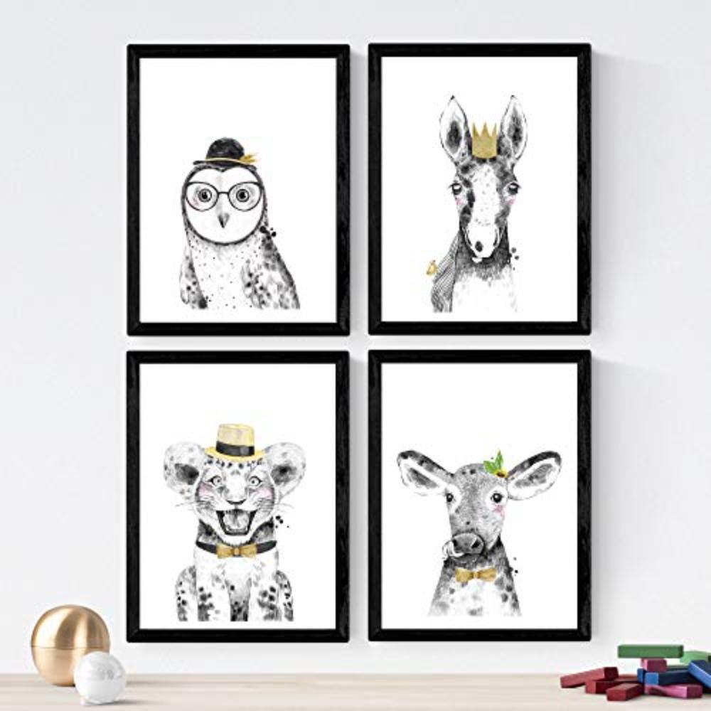 POSTER Set mit 4 „Tiere mit goldenen Accessoires“ A3 Schwarzer Rahmen - Schwarz, Papier (29.7/3cm) - Nacnic