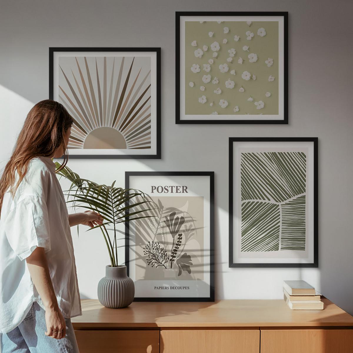 BILDER SET 4er Set - 50x50 cm & 40x60 cm Schwarzer Rahmen - Pflanzenmotive in gedeckten Farben - Schwarz, Kunststoff (50/50cm) - TULUP