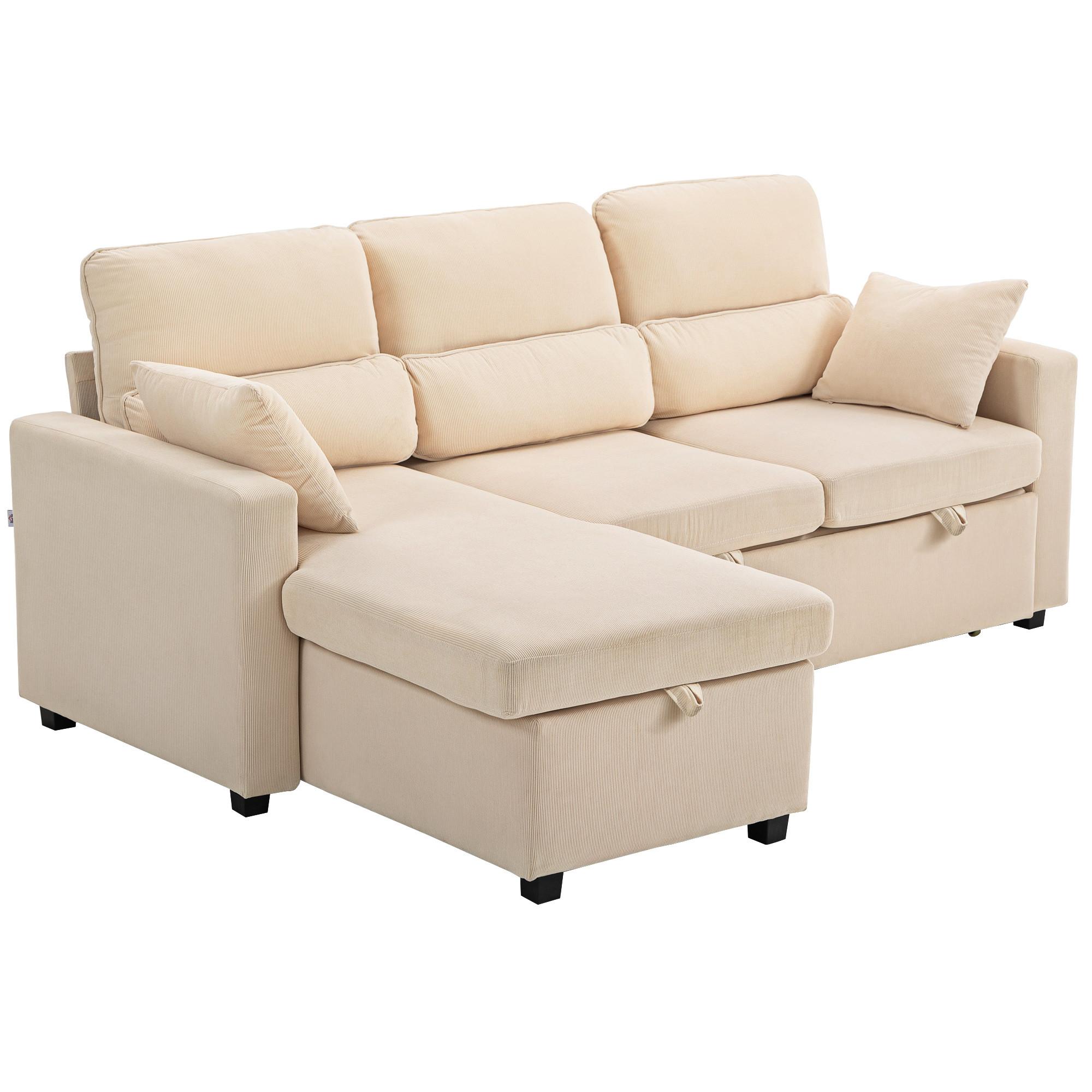 BETTSOFA Verstellbares Gästesofa mit Bettfunktion Stauraum und Kissen - Beige/Schwarz, Kunststoff/Textil (135/205cm) - HOMCOM