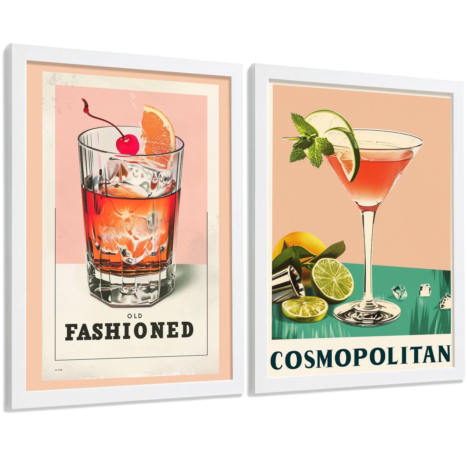 POSTER 2er Set Cocktail-Wandbilder Old Fashioned und Cosmopolitan Vintage Küche Bar Wanddeko Weißer Rahmen A3 - Weiß, Papier (29.7/1/42cm) - Nacnic