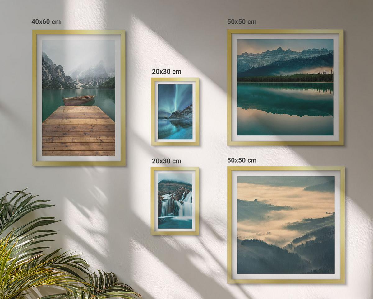 BILDER SET 5er Set - 50x50 cm & 20x30 cm & 40x60 cm Goldrahmen - Abstrakte Monstera-Palmenblätter - Goldfarben, Kunststoff (40/60cm) - TULUP