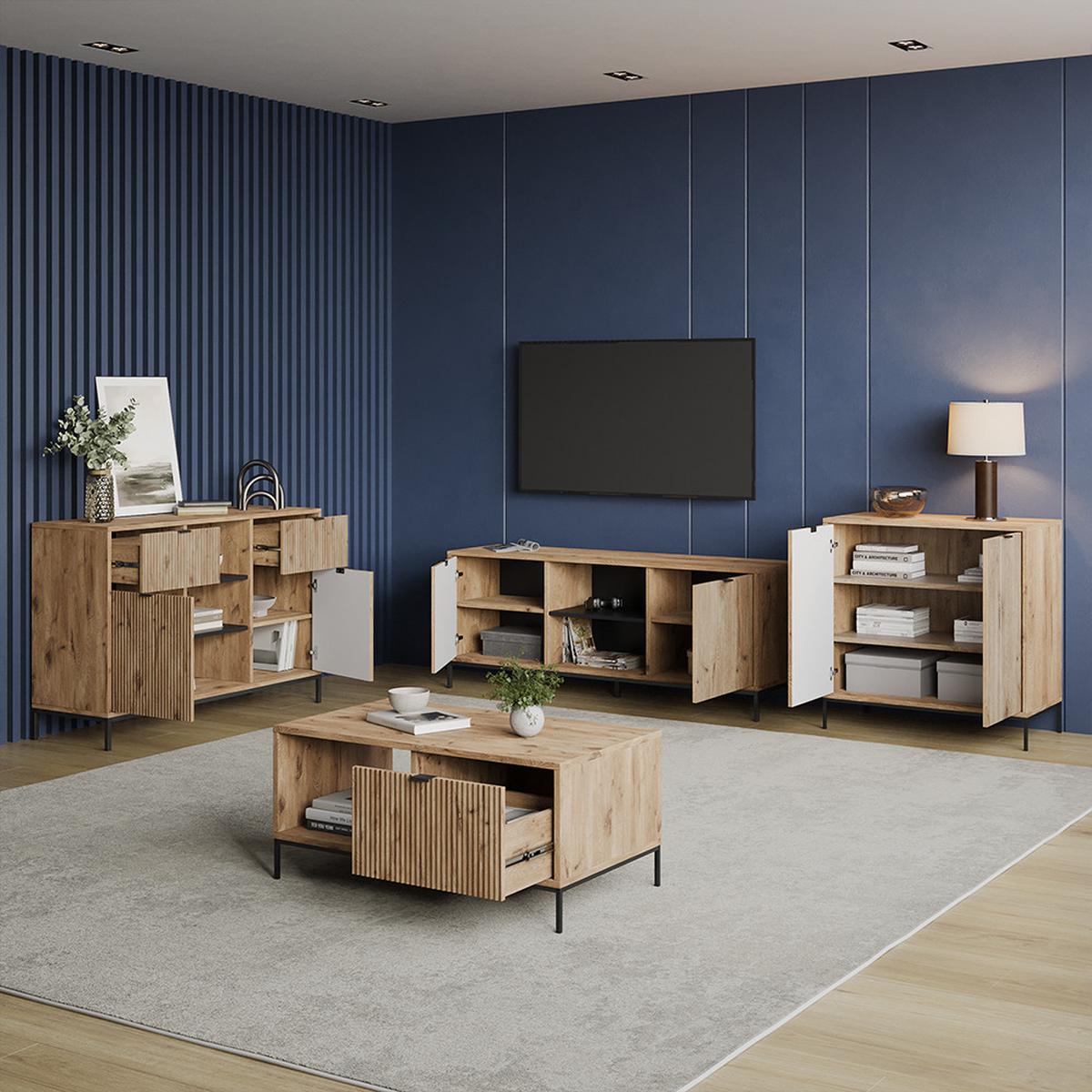 KOMMODE Aterno Viking Oak 120 x 81.2 cm mit 2 Schubladen und 2 Türen - Eichefarben, Holzwerkstoff (120/81.2/40cm) - Livinity®