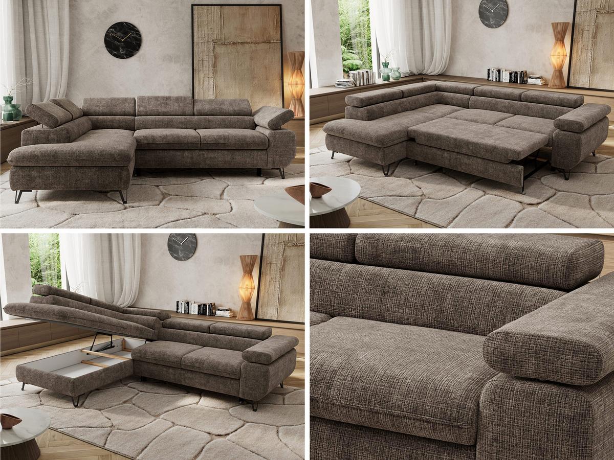ECKSOFA PABLO L Braun Schenille grob gewebt - Links Seite mit T25 Topper - Schwarz/Braun, Textil/Metall (208/273cm) - MKS