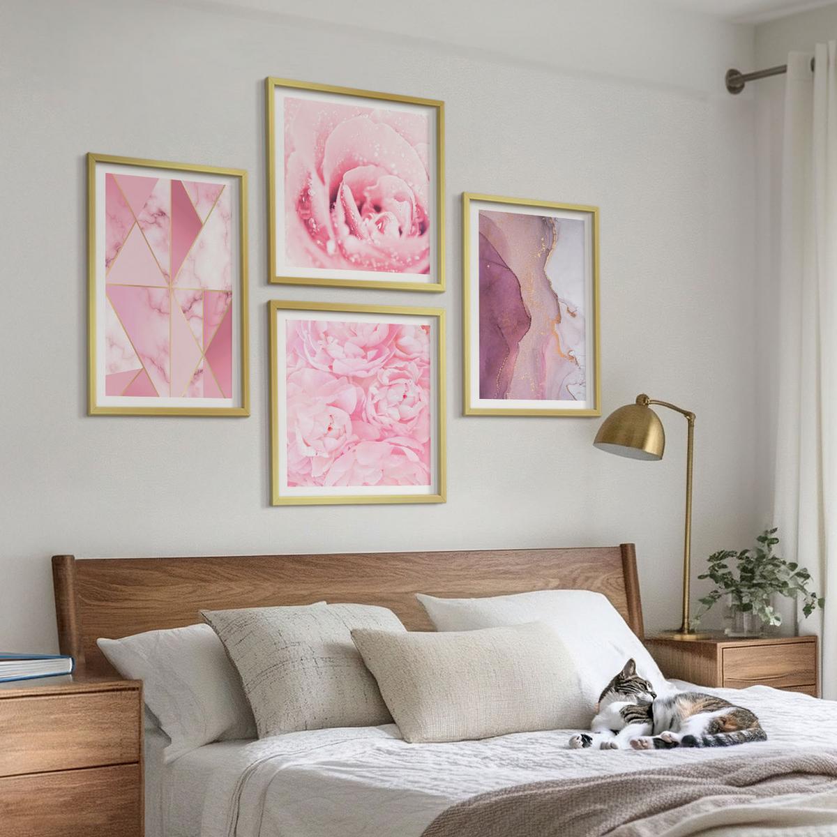 BILDER SET 4er Set - 50x50 cm & 40x60 cm Goldrahmen - Rosa geometrische Pfingstrosen - Goldfarben, Kunststoff (50/50cm) - TULUP
