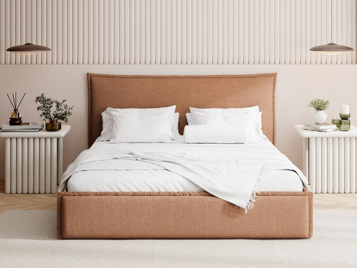 POLSTERBETT Pillow mit Bettkasten, Lattenrost & hohem Kopfteil in Orange Chenille 140x200 cm - Birkefarben/Schwarz, Holz/Kunststoff (140/200cm) - WFL GROUP