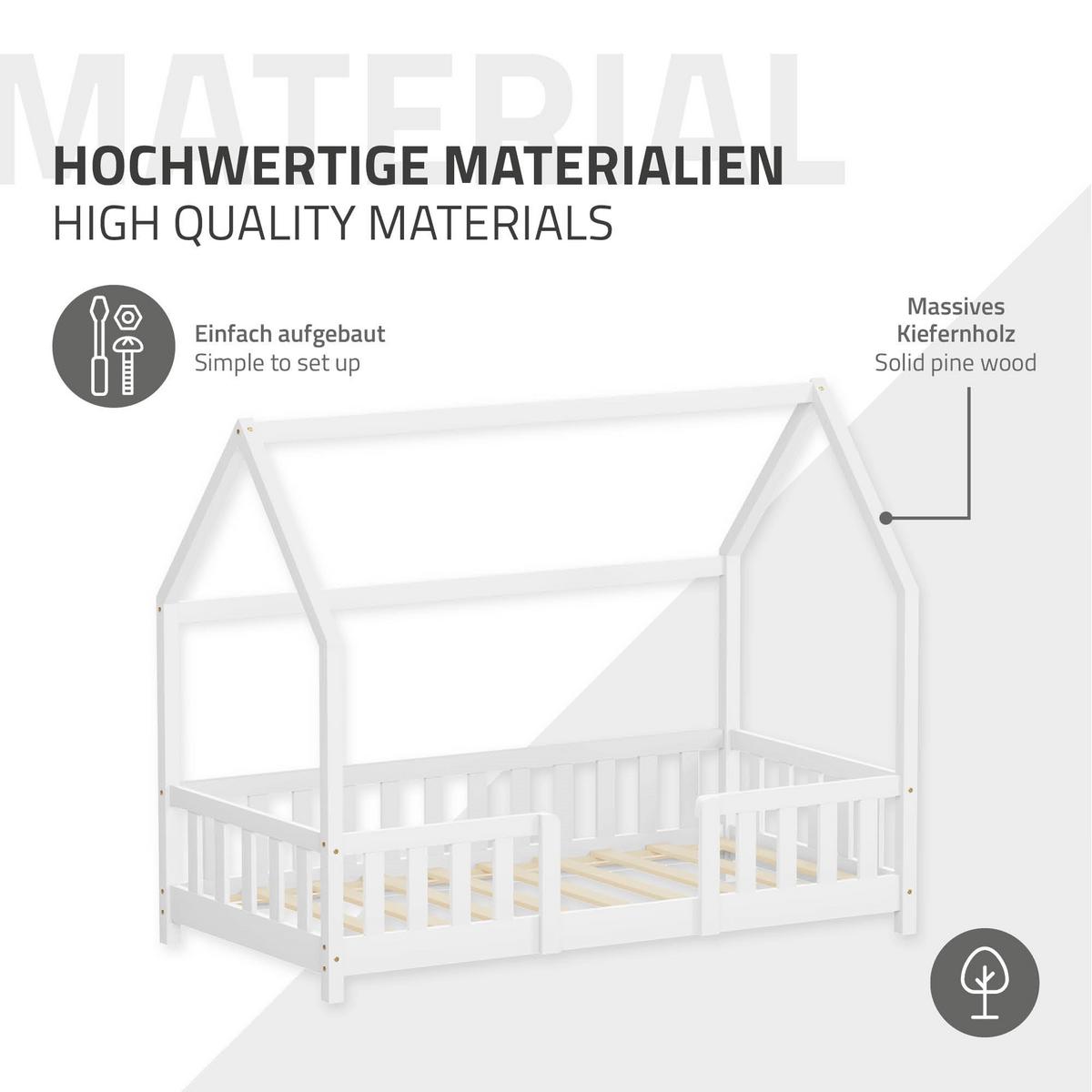 KINDERBETT 80x160 cm mit Rausfallschutz Natur aus Kiefernholz - Weiß, Holz (80/160cm)