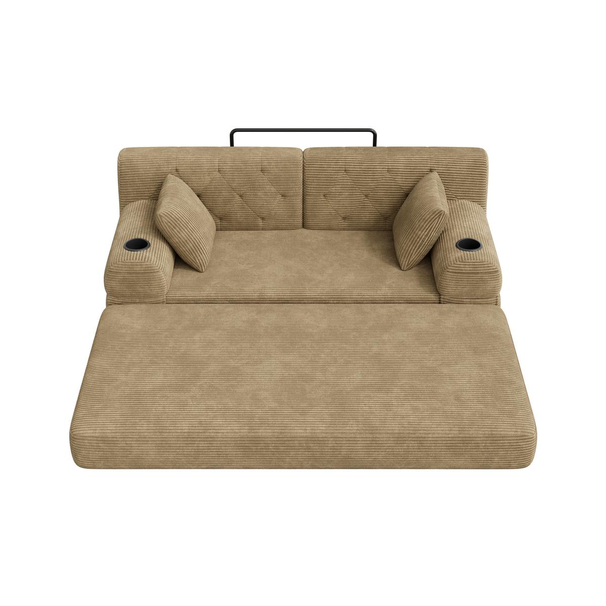 SCHLAFSOFA 2-Sitzer Cord mit Schlaffunktion, Getränkehalter & Taschen - Sandfarben, Textil (168/81/80cm) - Urban Meuble