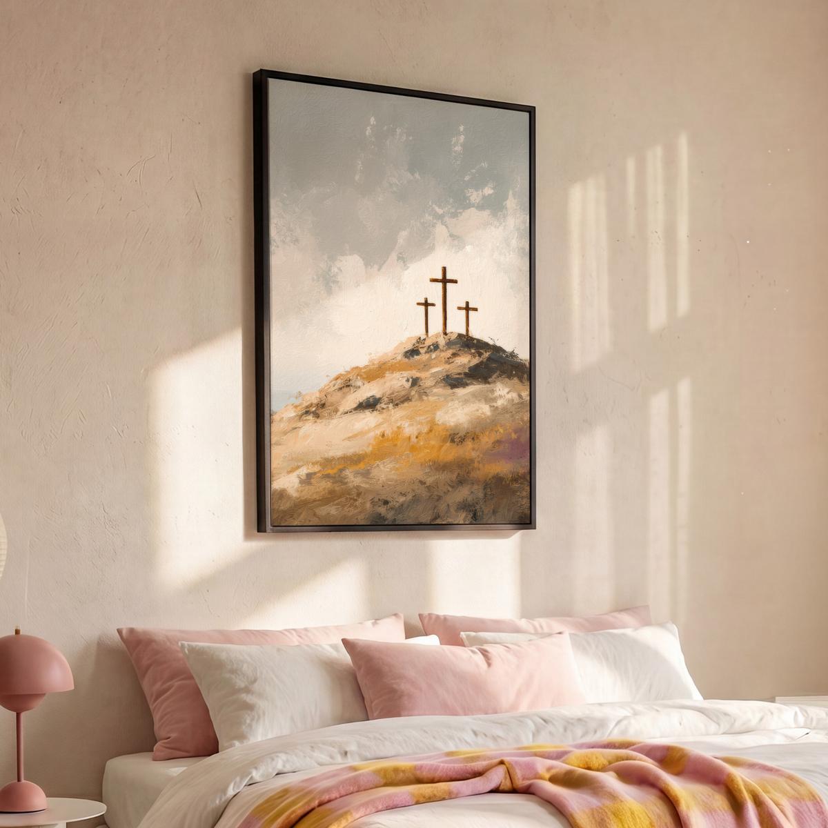 LEINWAND Bilder mit Rahmen - Hügel - Abstrakt - Christentum - Kreuz - 90x140 - Hellgrau, Textil (90/140cm) - MuchoWow