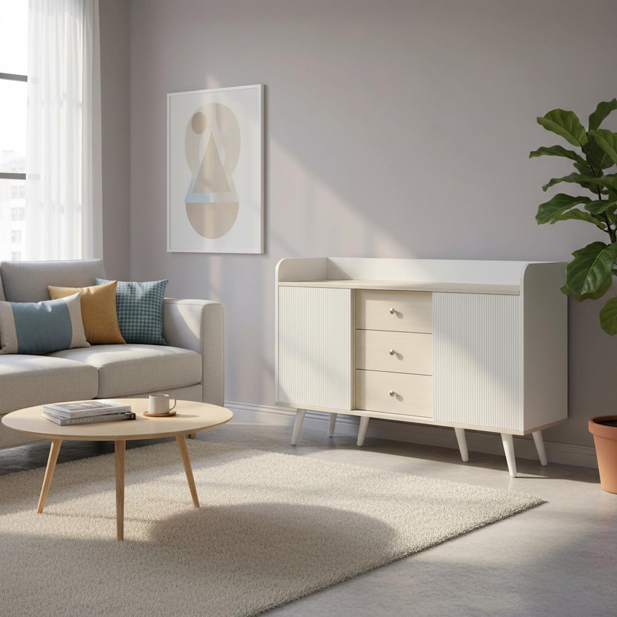 SIDEBOARD mit Schiebetüren & 3 Schubladen, Weiß und Holzoptik - Beige, Holzwerkstoff/Metall (117/79/40cm) - Urban Meuble