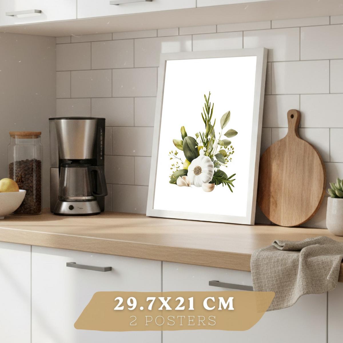 POSTER 4er Set Mediterrane Küchen-Wandbilder Zitronen Knoblauch Oliven Kräuter Aquarell Esszimmer Deko Weißer Rahmen A4 - Weiß, Papier (29.7/1/21cm) - Nacnic